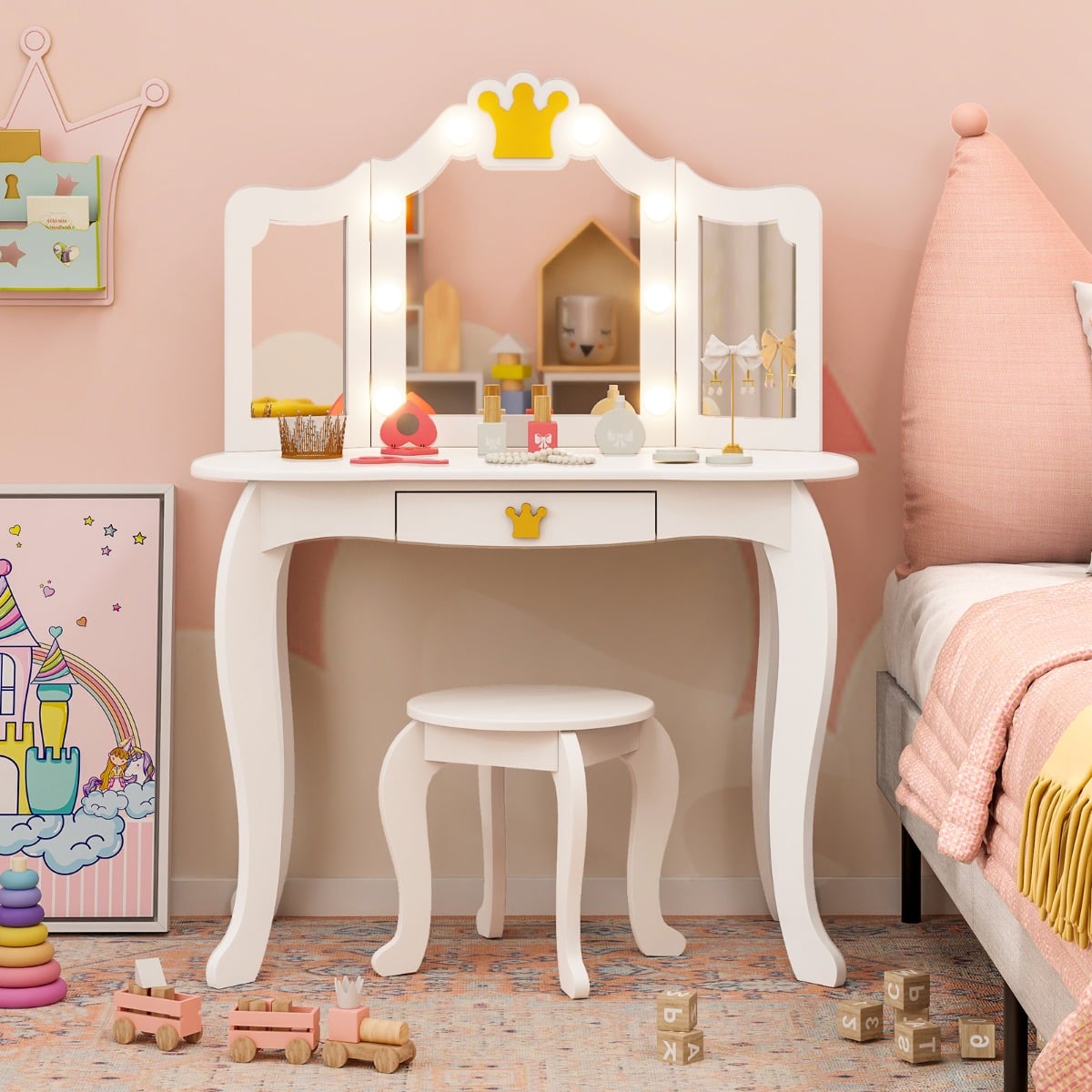 Kids Vanity Set with Lighted Mirror and Adjustable Brightness Pull-out Drawer and Stool-White