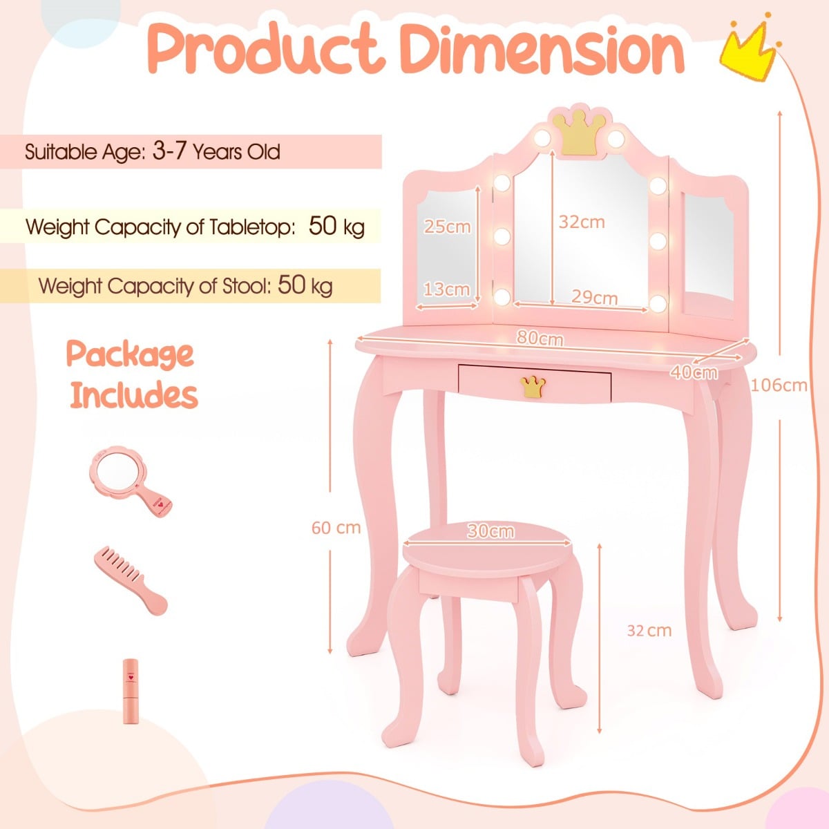 Kids Vanity Set with Lighted Mirror and Adjustable Brightness Pull-out Drawer and Stool-Pink