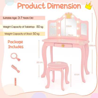 Kids Vanity Set with Lighted Mirror and Adjustable Brightness Pull-out Drawer and Stool-Pink