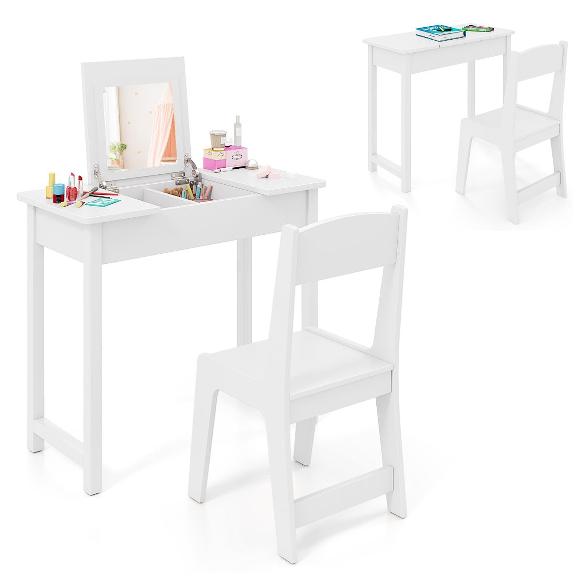 2-in-1 Kids Vanity Makeup Table and Chair Set with Flip Top Mirror-White