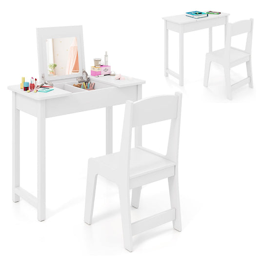 2-in-1 Kids Vanity Makeup Table and Chair Set with Flip Top Mirror-White