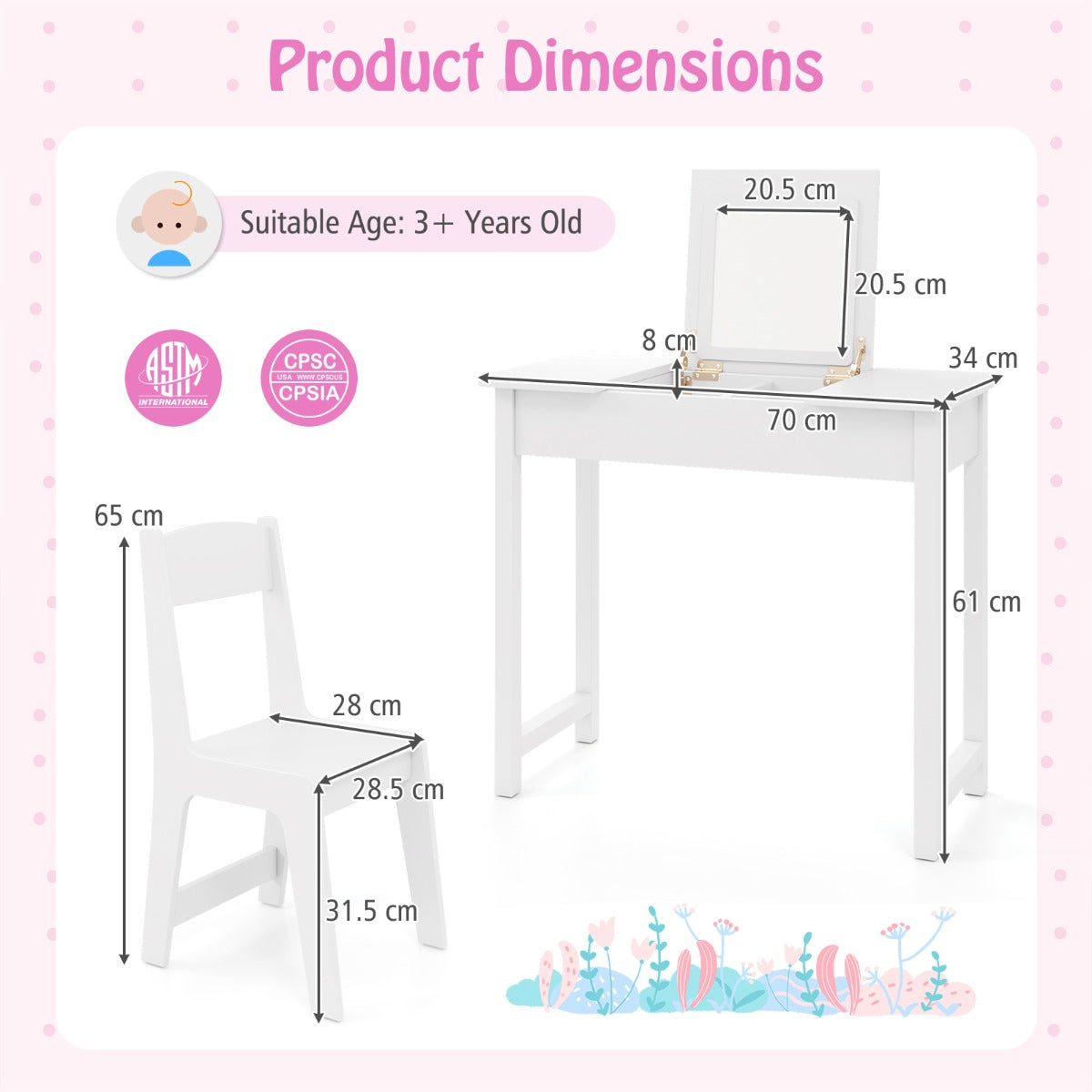 2-in-1 Kids Vanity Makeup Table and Chair Set with Flip Top Mirror-White
