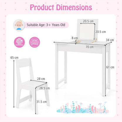 2-in-1 Kids Vanity Makeup Table and Chair Set with Flip Top Mirror-White