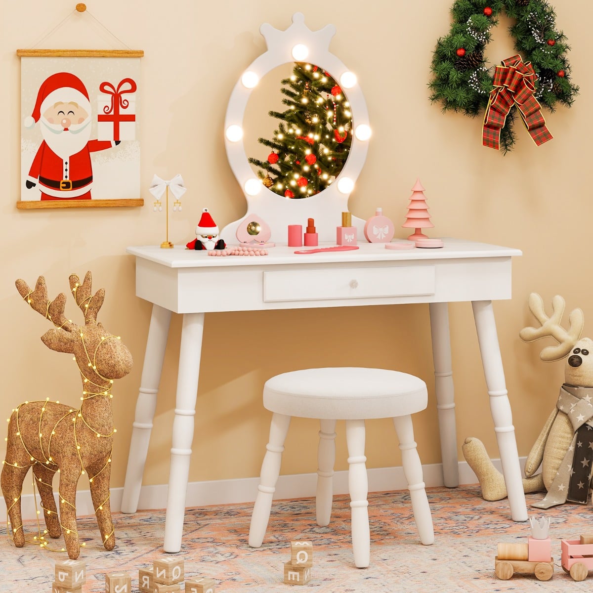 Kids Vanity Set with Lighted Mirror and Adjustable Brightness for Kids Aged 3-7 Years Old-White