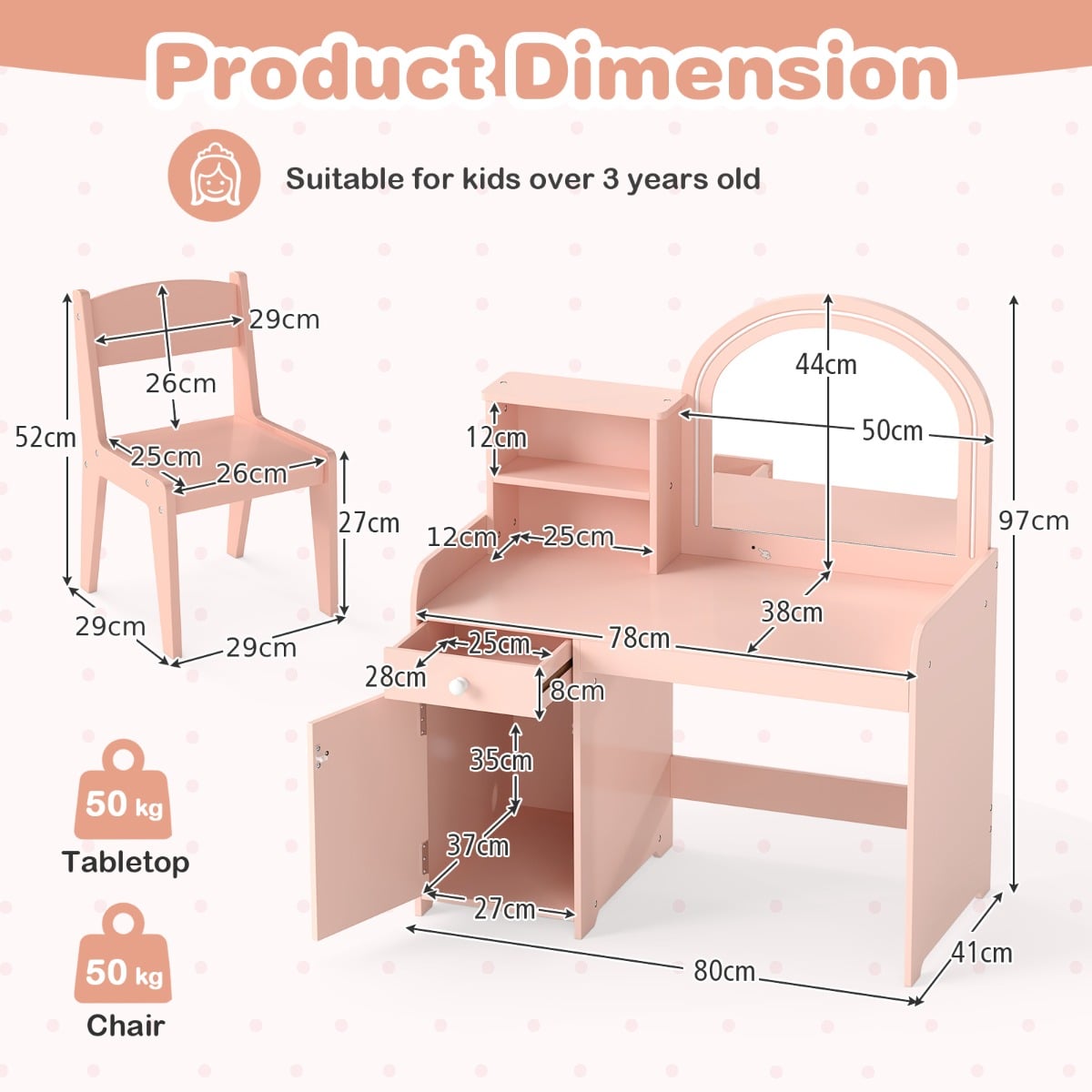 Kids Vanity Table and Chair Set with Shelves Drawer and Cabinet-Light Pink