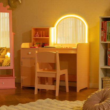 Kids Vanity Table and Chair Set with Shelves Drawer and Cabinet-Light Pink