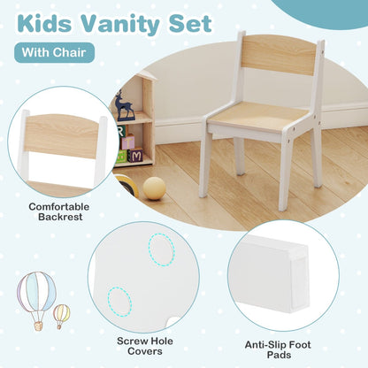 Kids Vanity Table and Chair Set with Shelves Drawer and Cabinet-Natural & White