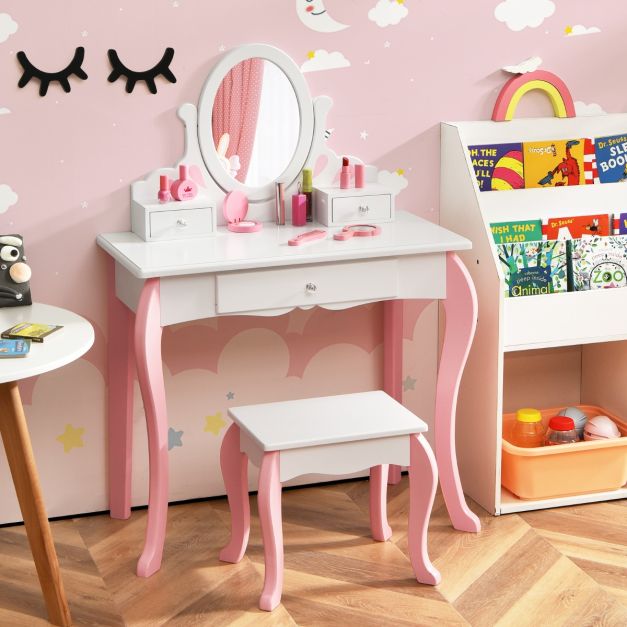 Kids Vanity Table and Chair Set with Detachable Rotatable Mirror-White