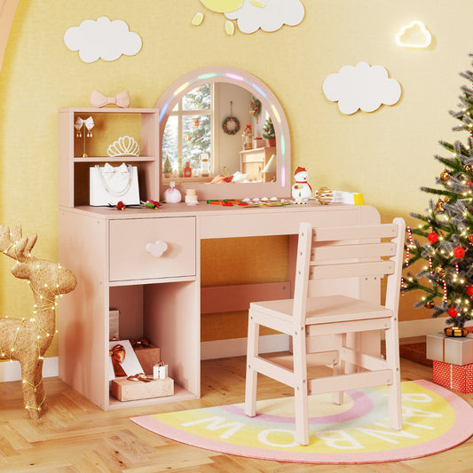 Kids Vanity Table and Chair Set with Lighted Mirror Open Storage Shelves-Pink