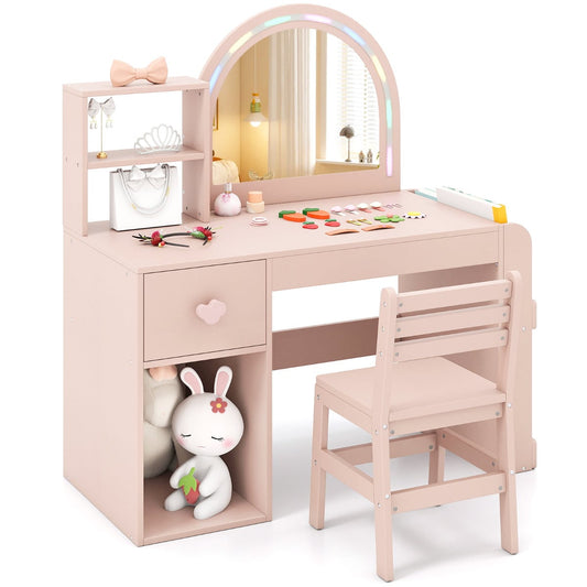 Kids Vanity Table and Chair Set with Lighted Mirror Open Storage Shelves-Pink