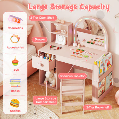 Kids Vanity Table and Chair Set with Lighted Mirror Open Storage Shelves-Pink