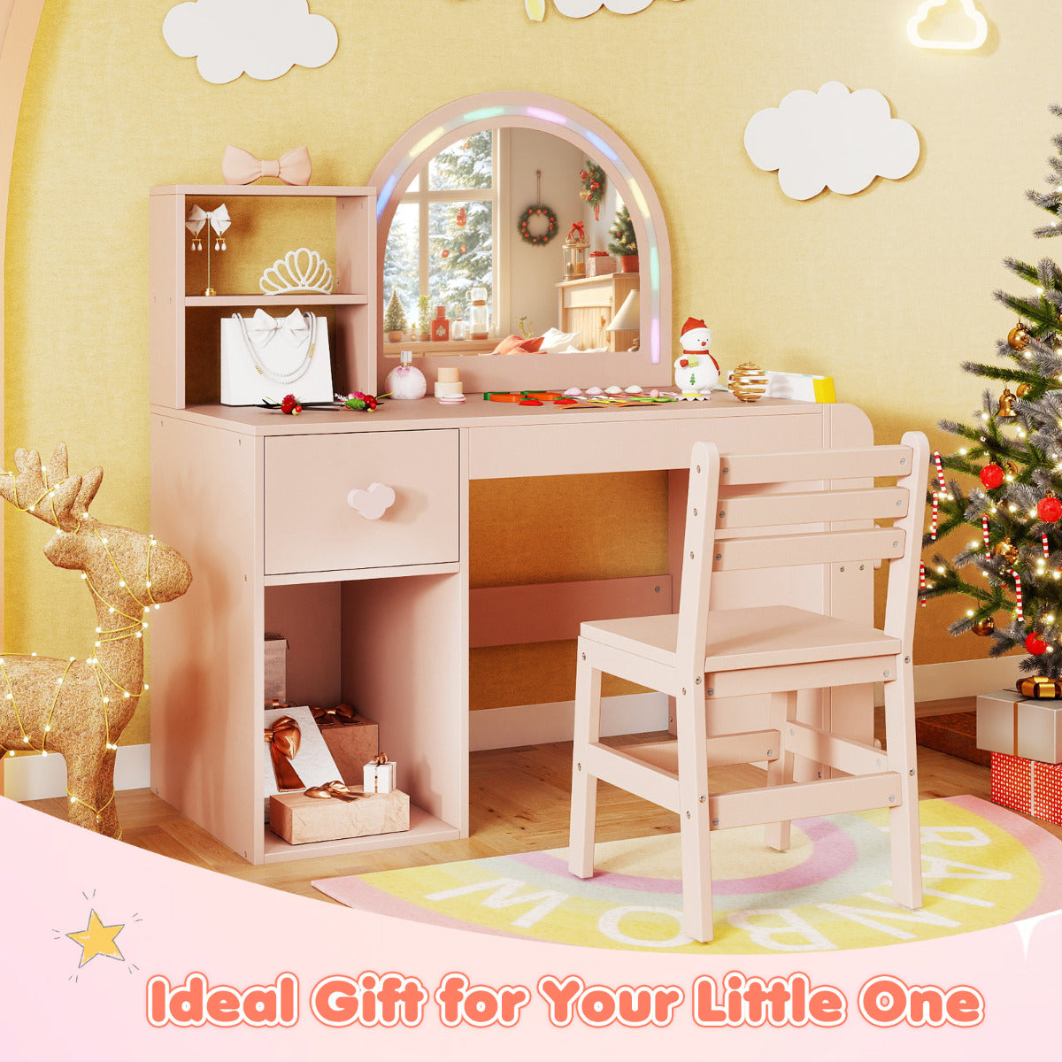 Kids Vanity Table and Chair Set with Lighted Mirror Open Storage Shelves-Pink