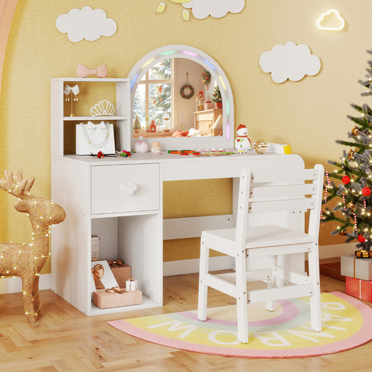 Kids Vanity Table and Chair Set with Lighted Mirror Open Storage Shelves-White