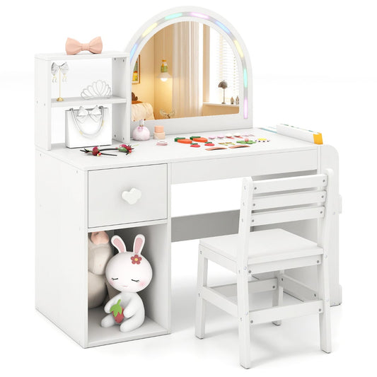 Kids Vanity Table and Chair Set with Lighted Mirror Open Storage Shelves-White