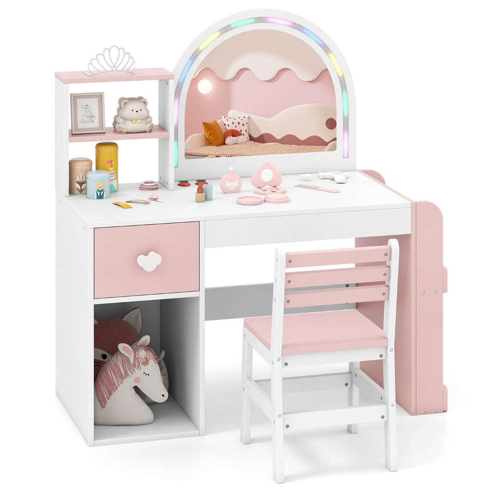 Kids Vanity Table and Chair Set with Lighted Mirror Open Storage Shelves-Pink & White