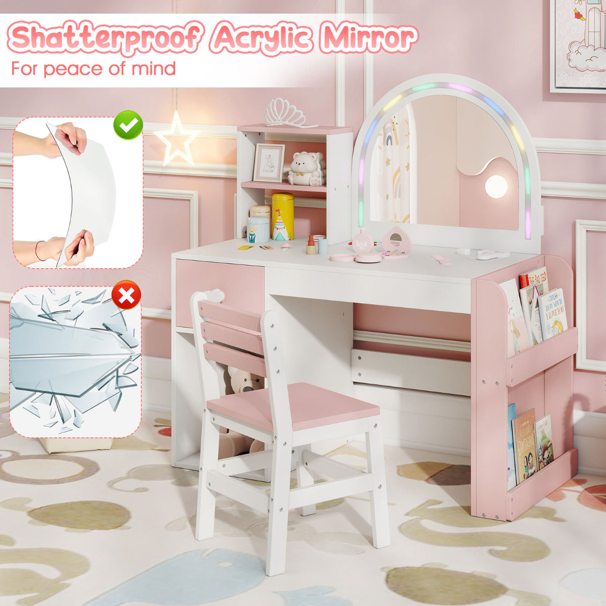 Kids Vanity Table and Chair Set with Lighted Mirror Open Storage Shelves-Pink & White