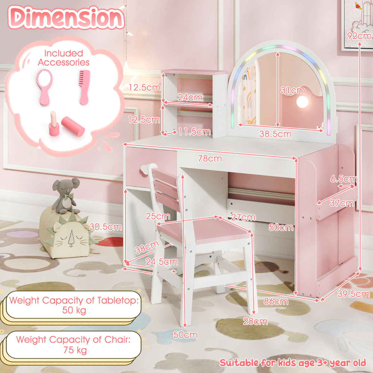 Kids Vanity Table and Chair Set with Lighted Mirror Open Storage Shelves-Pink & White