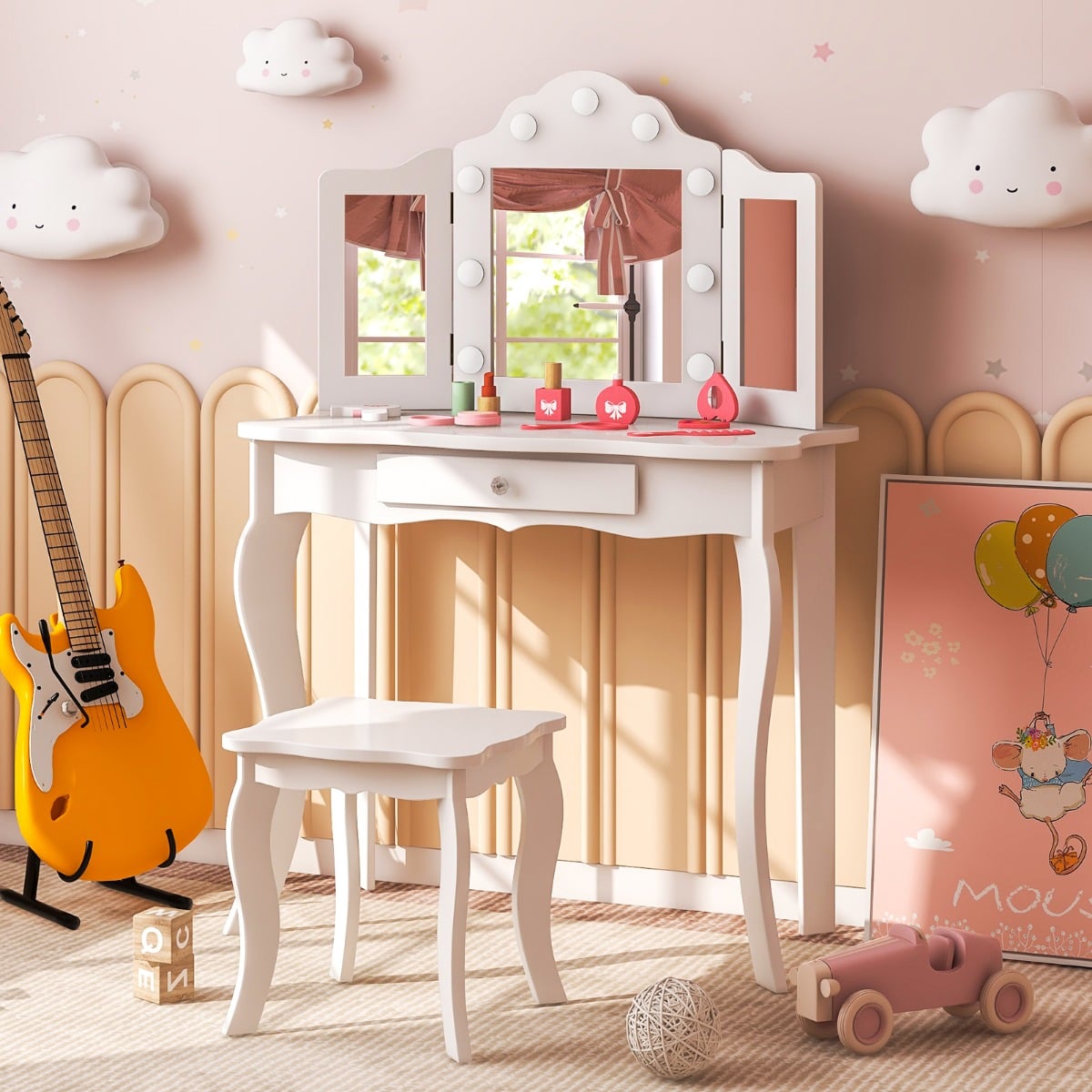 Kids Vanity Table and Stool Set with Real Glass Tri-Folding Mirror and Drawer-White