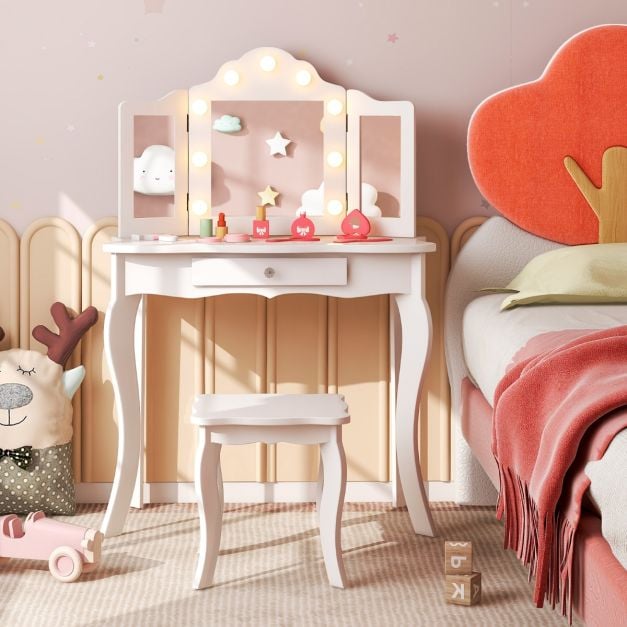 Kids Vanity Table and Stool Set with Real Glass Tri-Folding Mirror and Drawer-White