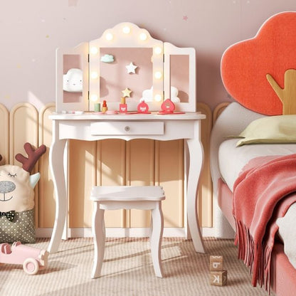 Kids Vanity Table and Stool Set with Real Glass Tri-Folding Mirror and Drawer-White
