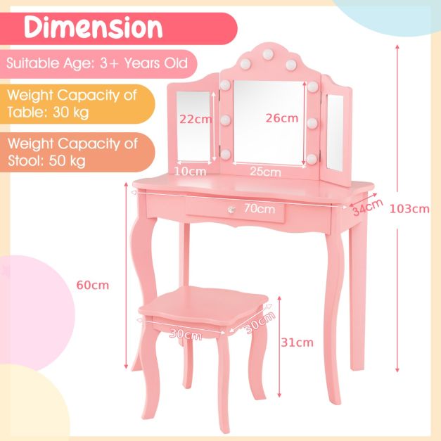 Kids Vanity Table and Stool Set with Real Glass Tri-Folding Mirror and Drawer-Pink