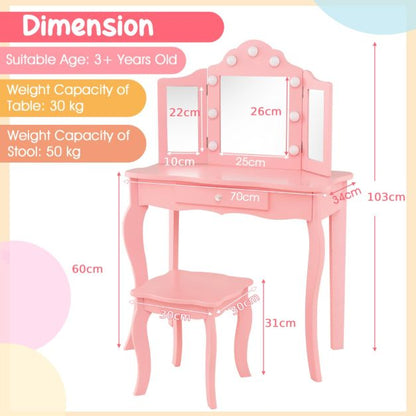 Kids Vanity Table and Stool Set with Real Glass Tri-Folding Mirror and Drawer-Pink