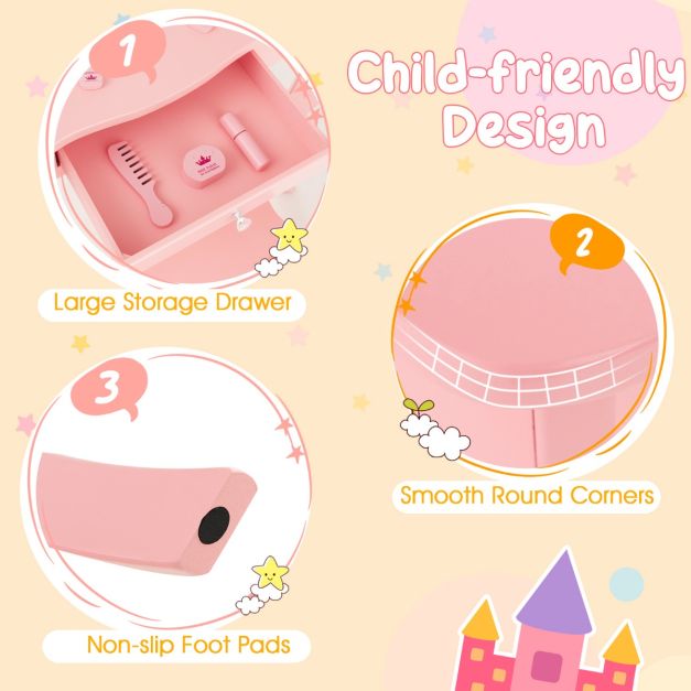 Kids Vanity Table and Stool Set with Real Glass Tri-Folding Mirror and Drawer-Pink