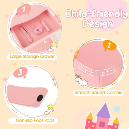 Kids Vanity Table and Stool Set with Real Glass Tri-Folding Mirror and Drawer-Pink