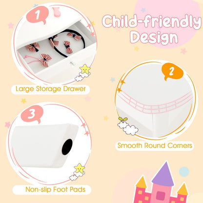 Kids Vanity Table and Stool Set with Real Glass Tri-Folding Mirror and Drawer-White