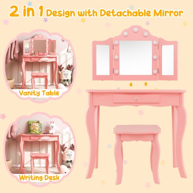 Kids Vanity Table and Stool Set with Real Glass Tri-Folding Mirror and Drawer-Pink