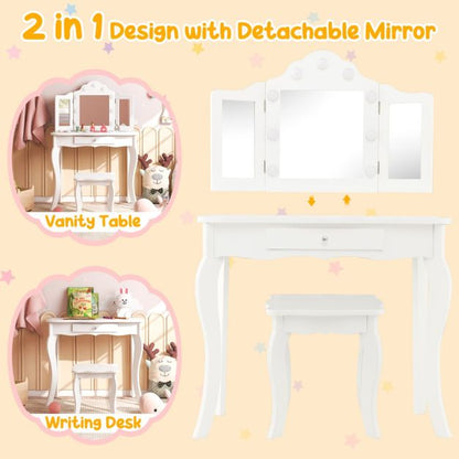 Kids Vanity Table and Stool Set with Real Glass Tri-Folding Mirror and Drawer-White