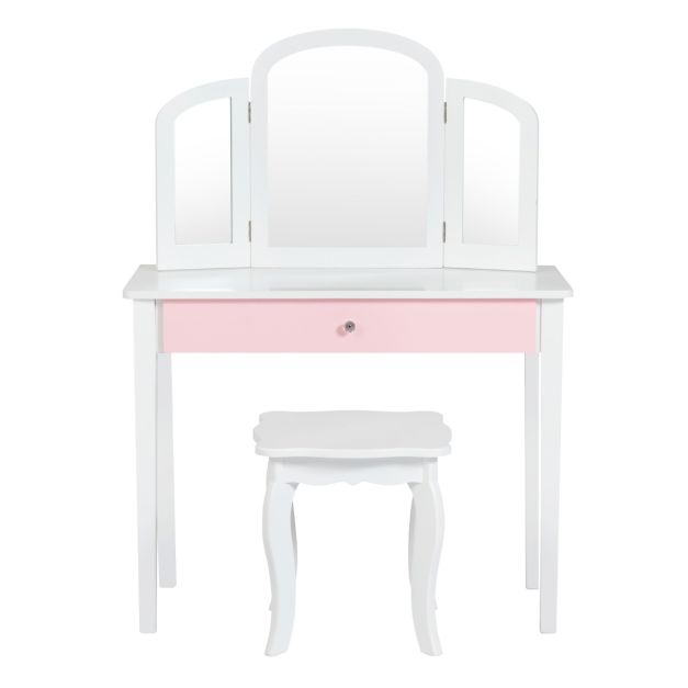 Kids Vanity Table and Stool Set Princess Makeup Dressing Table-White