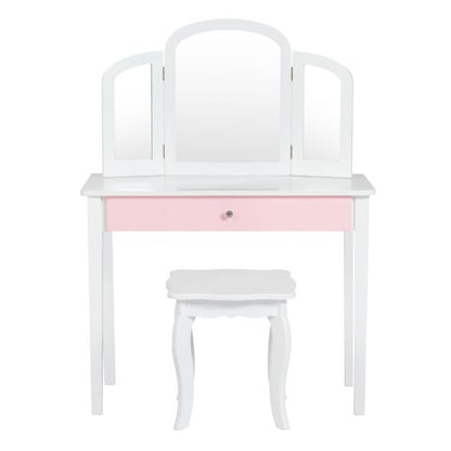 Kids Vanity Table and Stool Set Princess Makeup Dressing Table-White