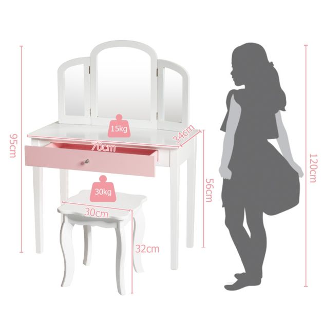 Kids Vanity Table and Stool Set Princess Makeup Dressing Table-White