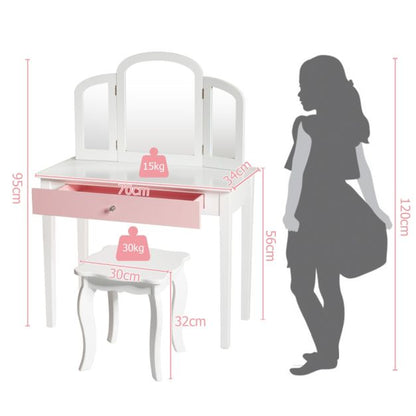 Kids Vanity Table and Stool Set Princess Makeup Dressing Table-White