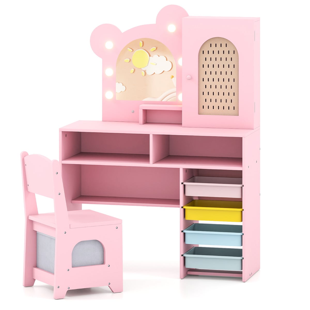 Kids Vanity with Lights Princess Vanity Table and Chair Set with 5 Drawers and 2 Compartments-Pink