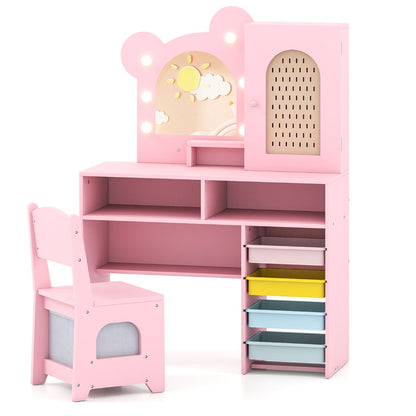 Kids Vanity with Lights Princess Vanity Table and Chair Set with 5 Drawers and 2 Compartments-Pink
