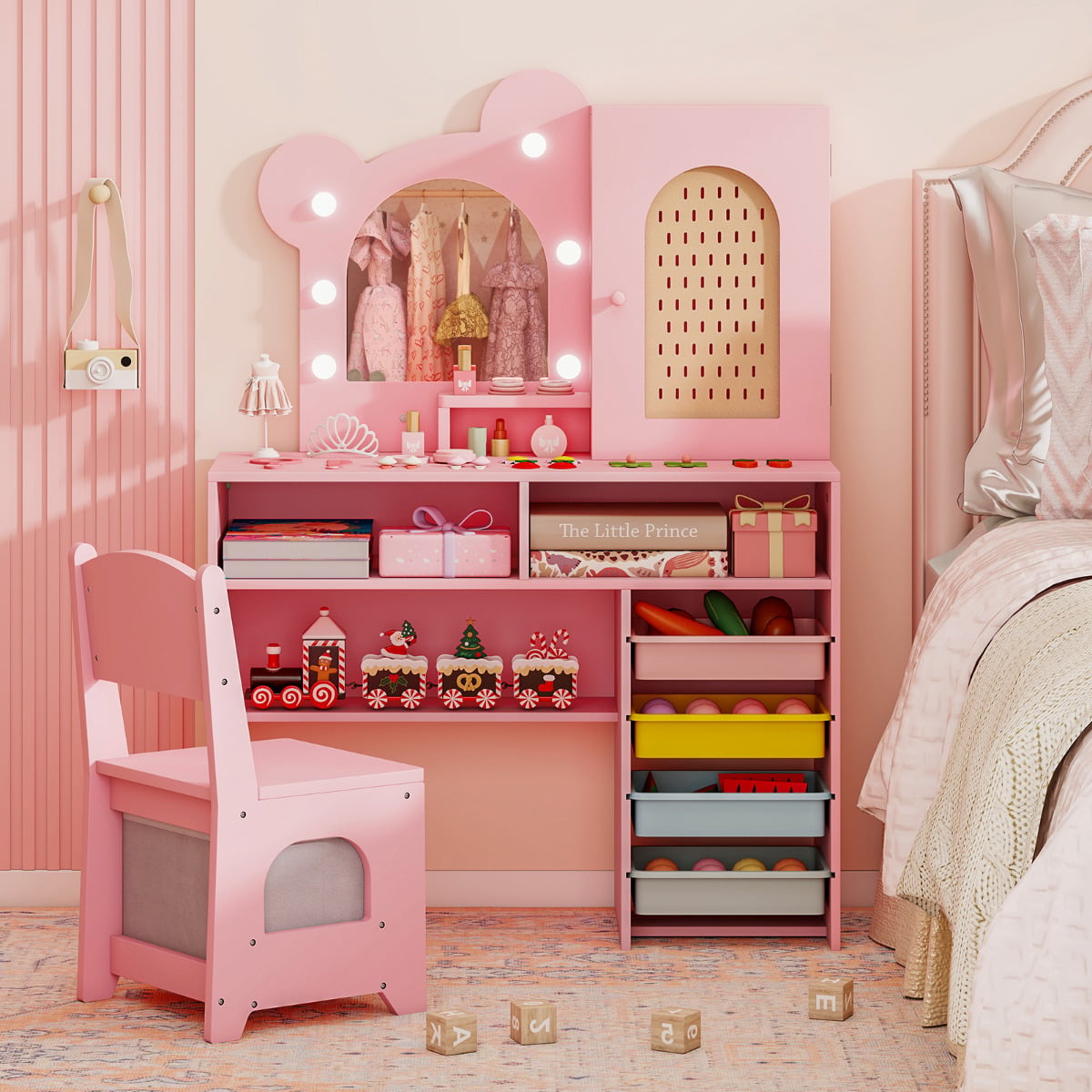 Kids Vanity with Lights Princess Vanity Table and Chair Set with 5 Drawers and 2 Compartments-Pink