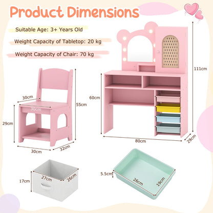 Kids Vanity with Lights Princess Vanity Table and Chair Set with 5 Drawers and 2 Compartments-Pink