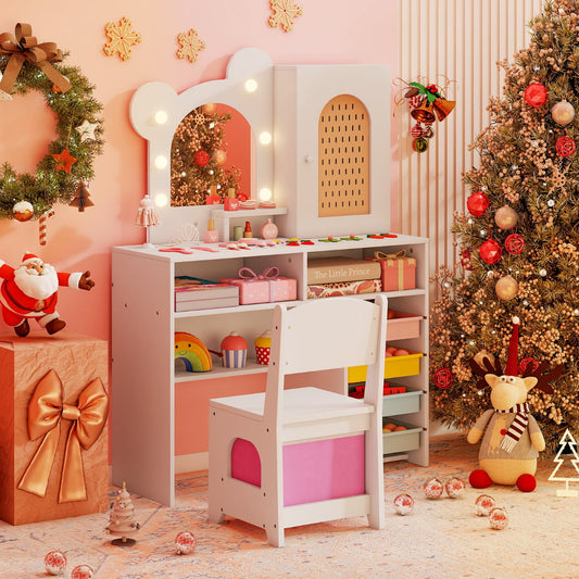 Kids Vanity with Lights Princess Vanity Table and Chair Set with 5 Drawers and 2 Compartments-White