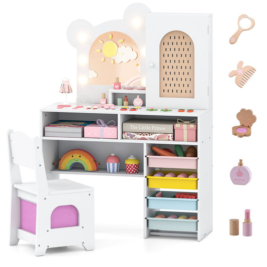 Kids Vanity with Lights Princess Vanity Table and Chair Set with 5 Drawers and 2 Compartments-White