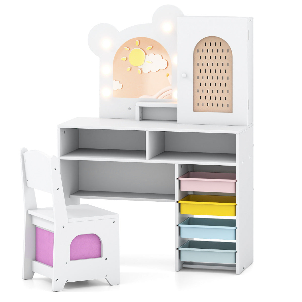 Kids Vanity with Lights Princess Vanity Table and Chair Set with 5 Drawers and 2 Compartments-White