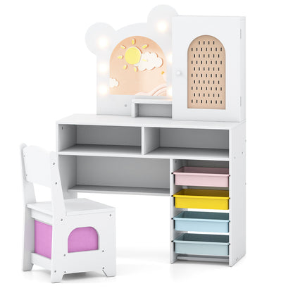 Kids Vanity with Lights Princess Vanity Table and Chair Set with 5 Drawers and 2 Compartments-White