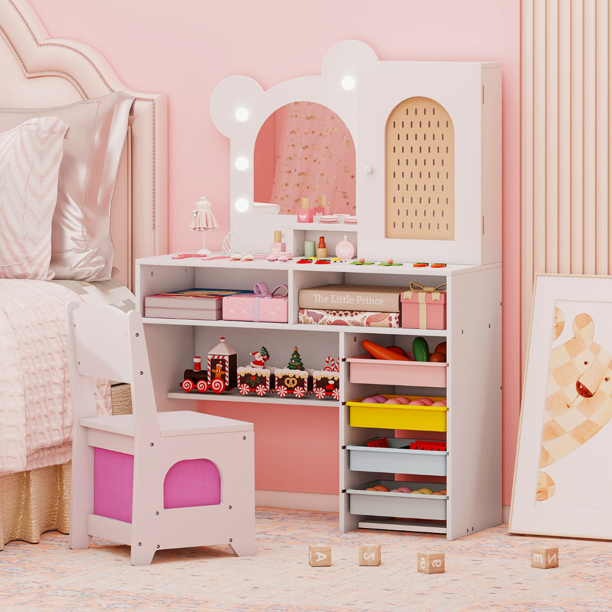 Kids Vanity with Lights Princess Vanity Table and Chair Set with 5 Drawers and 2 Compartments-White