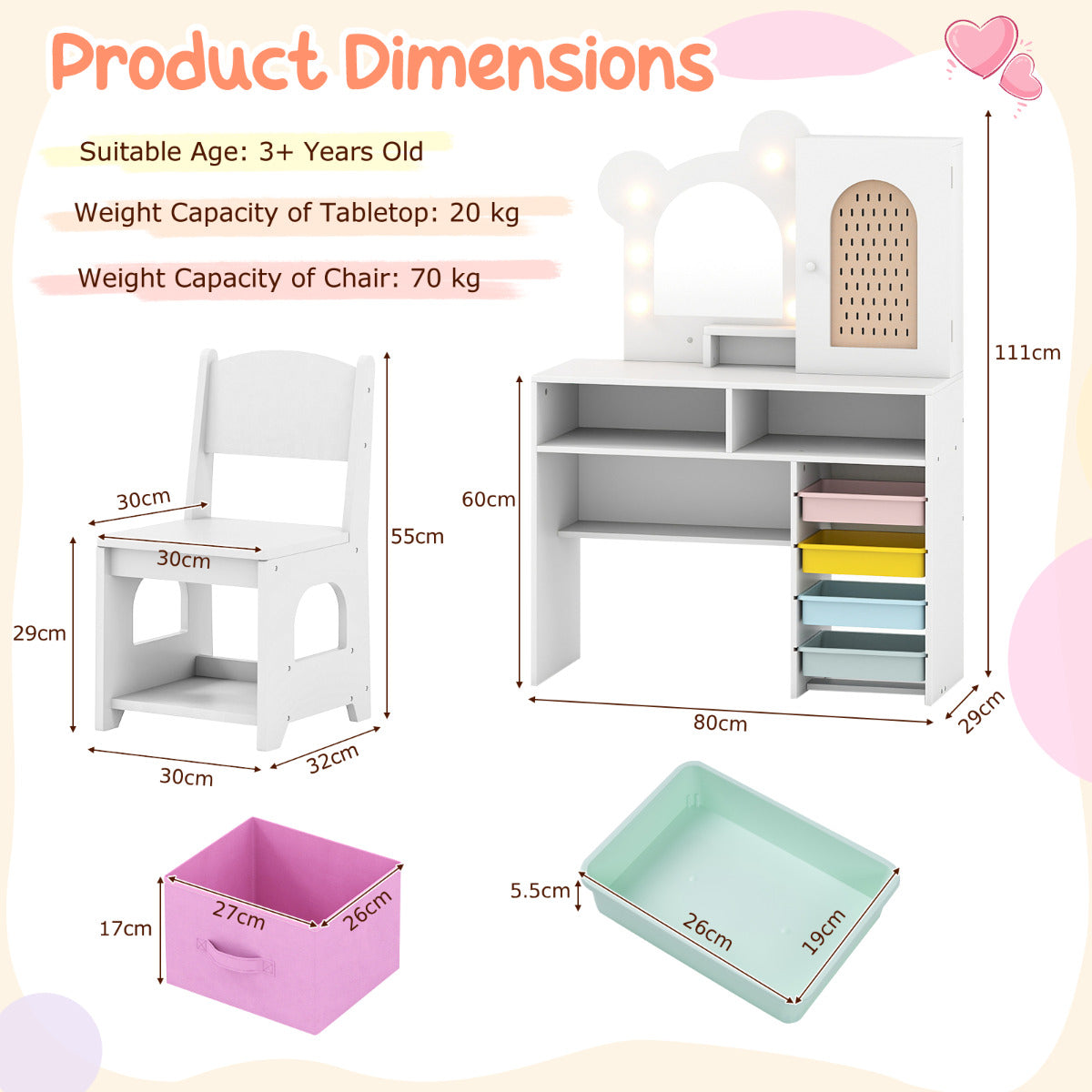 Kids Vanity with Lights Princess Vanity Table and Chair Set with 5 Drawers and 2 Compartments-White