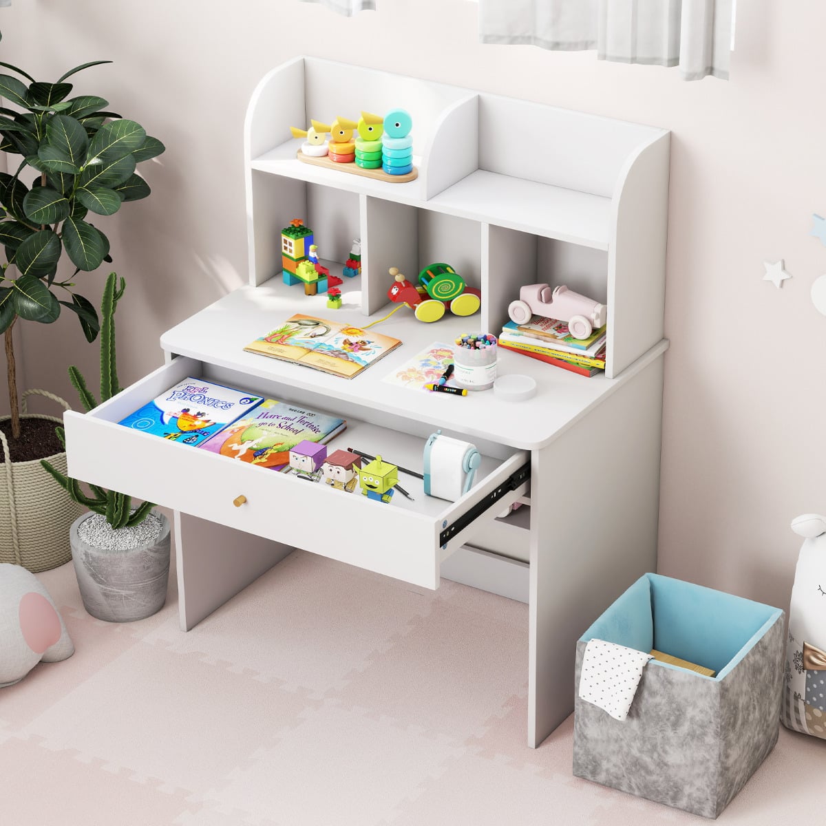 Kids Wooden Study Desk with Drawer and Storage Shelf-White