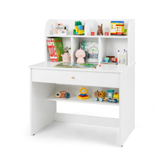 Kids Wooden Study Desk with Drawer and Storage Shelf-White
