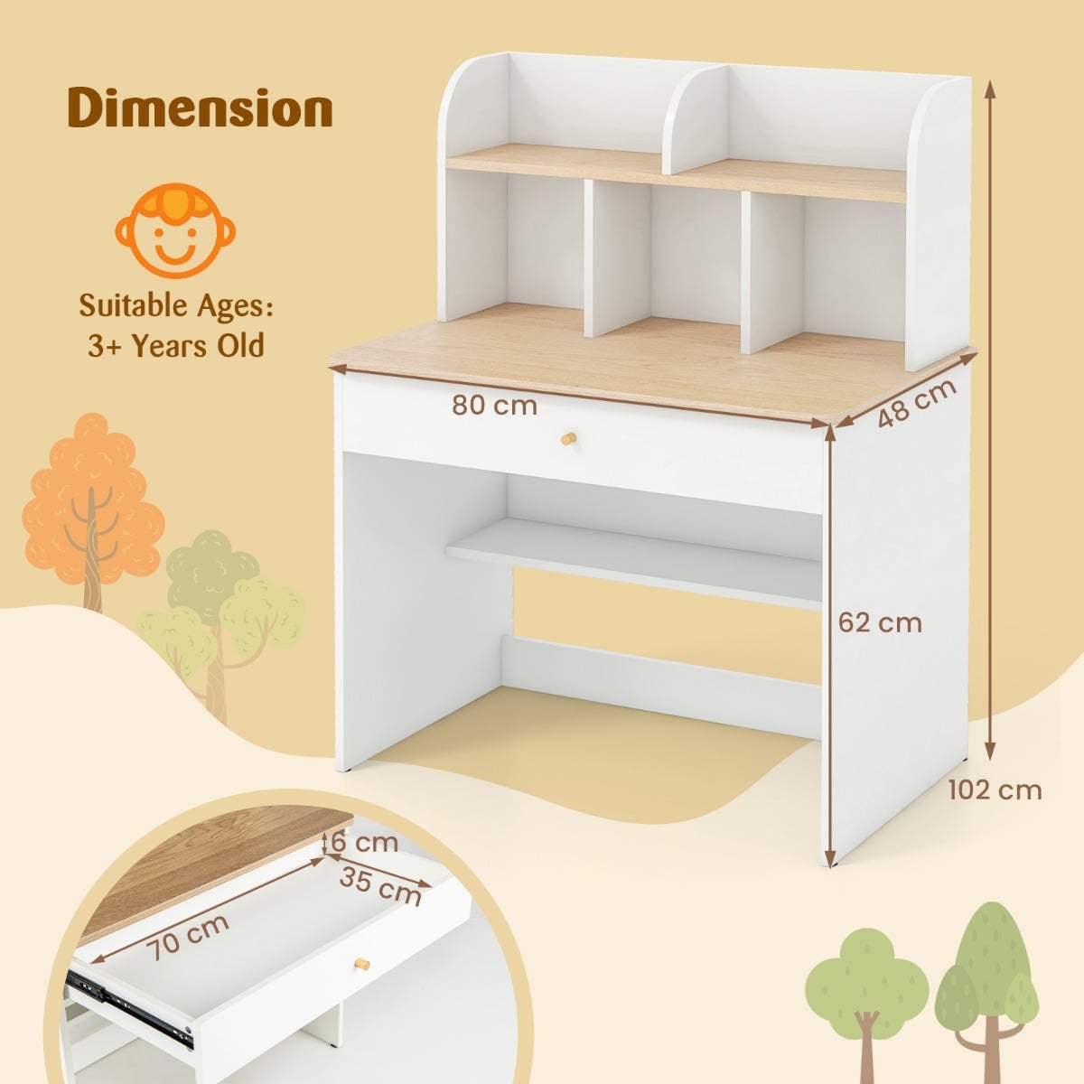 Kids Wooden Study Desk with Hutch and Drawer