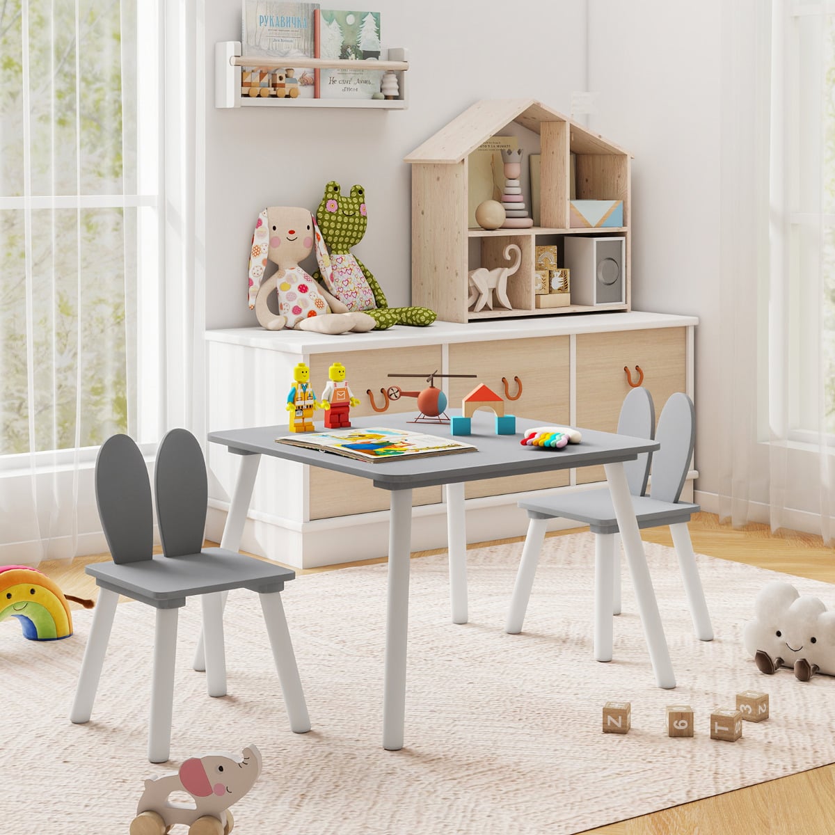 Kids Wooden Table and Rabbit Chairs Set with Space-Saving Structure-Grey