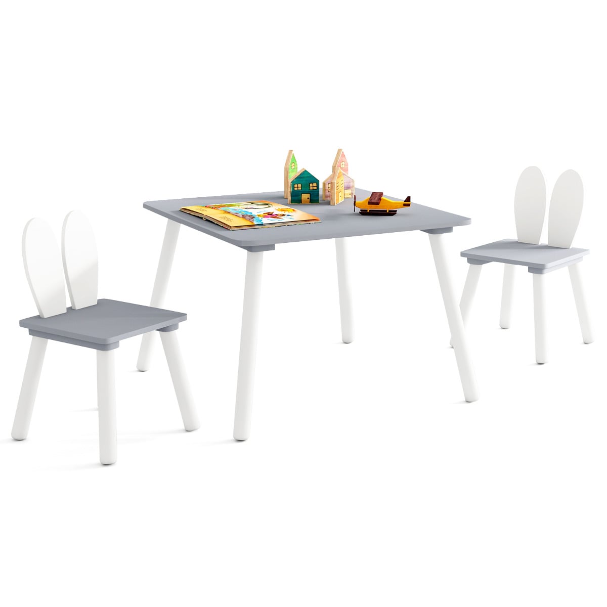 Kids Wooden Table and Rabbit Chairs Set with Space-Saving Structure-Grey
